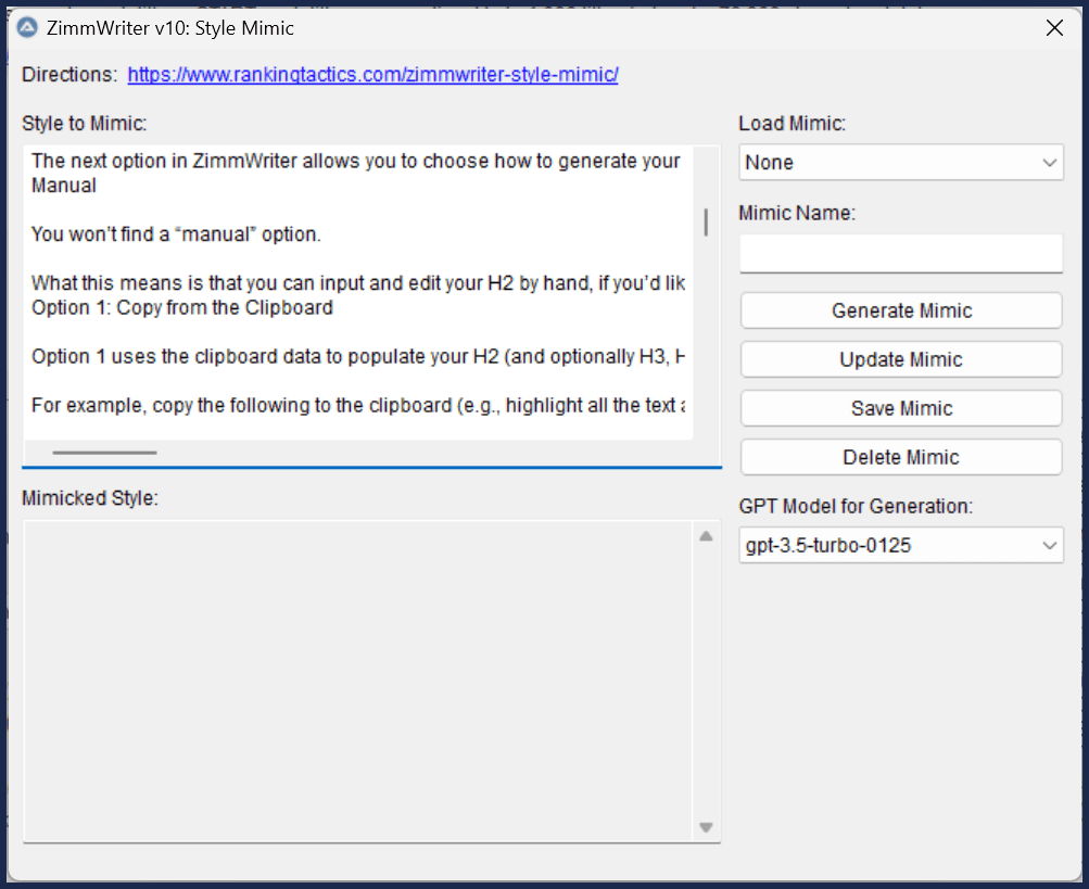 Style Mimic - ZimmWriter Style Mimic wwwrankingtacticscom