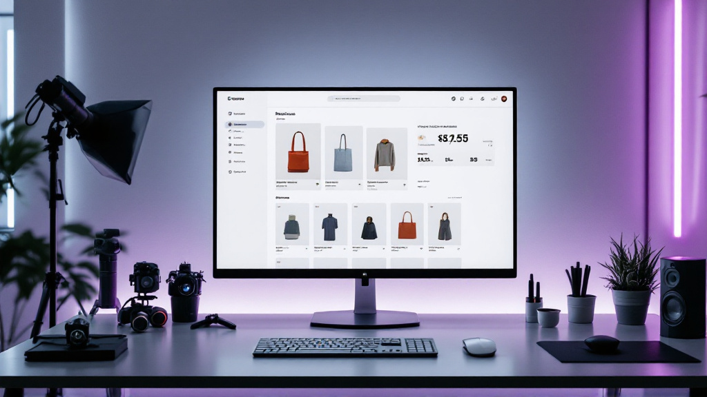E-Commerce-Dashboard mit KI-generierten Produktmockups auf modernem Arbeitsplatz