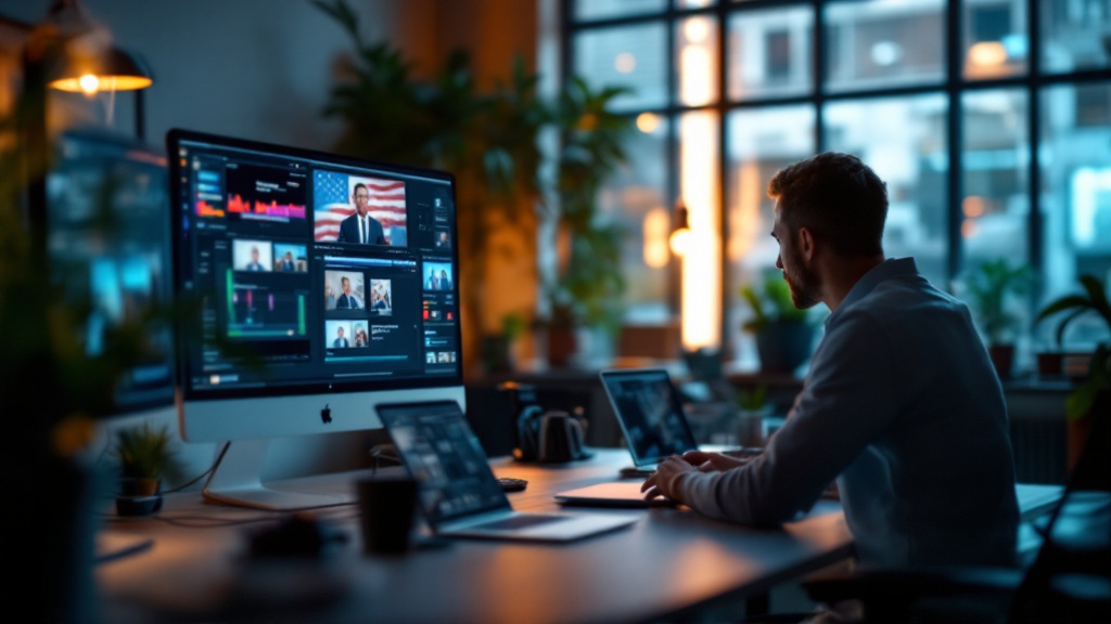 Professionelles Wahlkampfbüro mit Videobearbeitungs-Software und Produktionsausrüstung